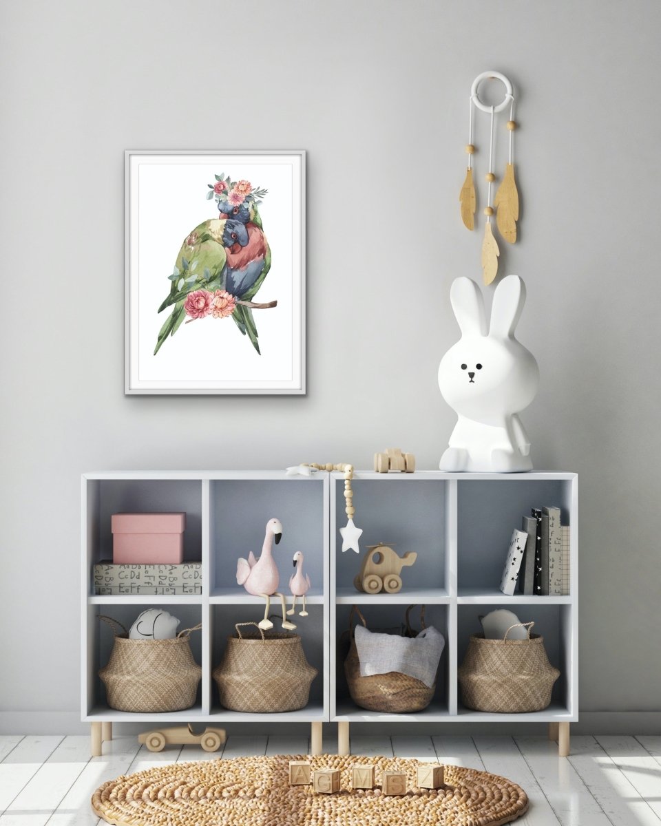 Lorikeets Flower Crown - Australian Native Animal Stretched Canvas or Wall Art Print - I Heart Wall Art - Poster Print, Canvas Print or Framed Art Print