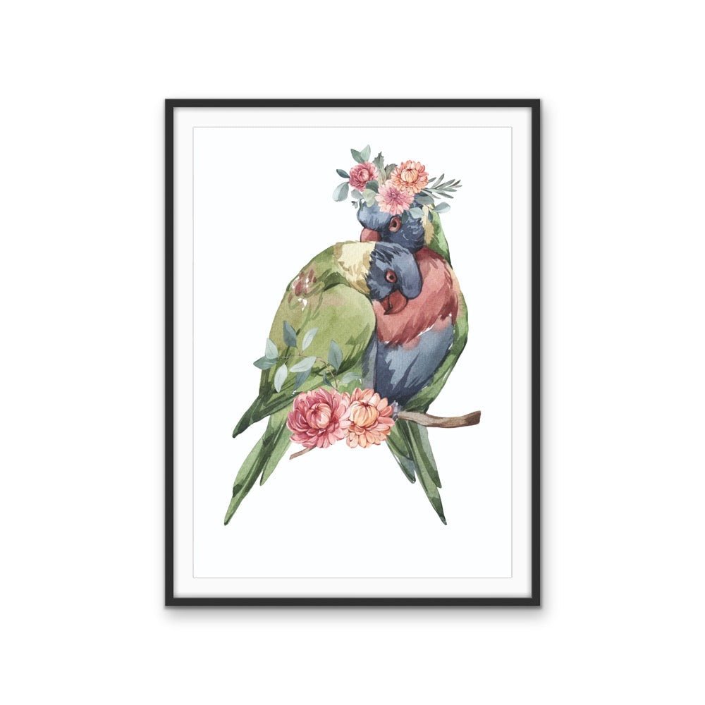 Lorikeets Flower Crown - Australian Native Animal Stretched Canvas or Wall Art Print - I Heart Wall Art - Poster Print, Canvas Print or Framed Art Print