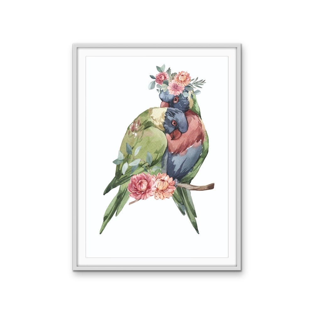 Lorikeets Flower Crown - Australian Native Animal Stretched Canvas or Wall Art Print - I Heart Wall Art - Poster Print, Canvas Print or Framed Art Print