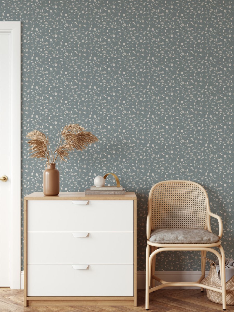 'Lucinda' - Vintage White and Blue Floral Removable Wallpaper - I Heart Wall Art - Poster Print, Canvas Print or Framed Art Print