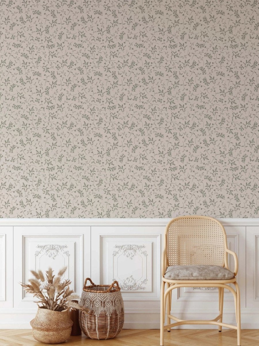 Lulu In Green' - Vintage Green and Cream Leaf Removable Wallpaper - I Heart Wall Art - Poster Print, Canvas Print or Framed Art Print