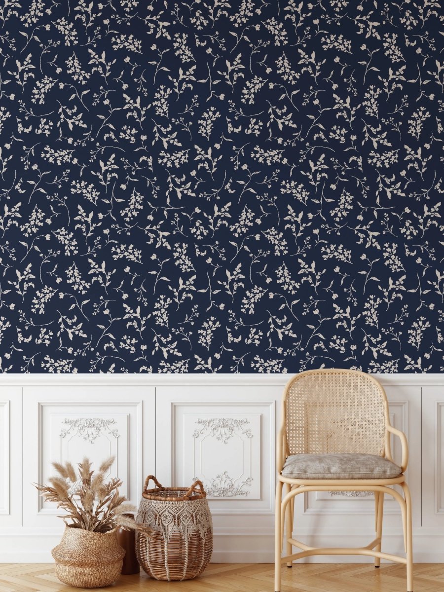 'Lulu In Navy Blue' - Vintage Blue and Cream Leaf Removable Wallpaper - I Heart Wall Art - Poster Print, Canvas Print or Framed Art Print