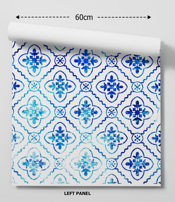 Blue and white patterned lunch in santorini blue tile wallpaper featuring intricate geometric designs for wall decor