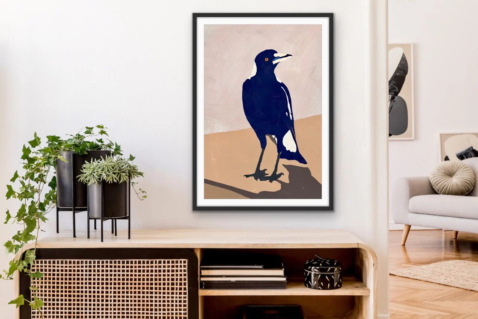 Maggie On The Wall - Magpie Stretched Canvas Print or Framed Fine Art Print - Artwork I Heart Wall Art Australia