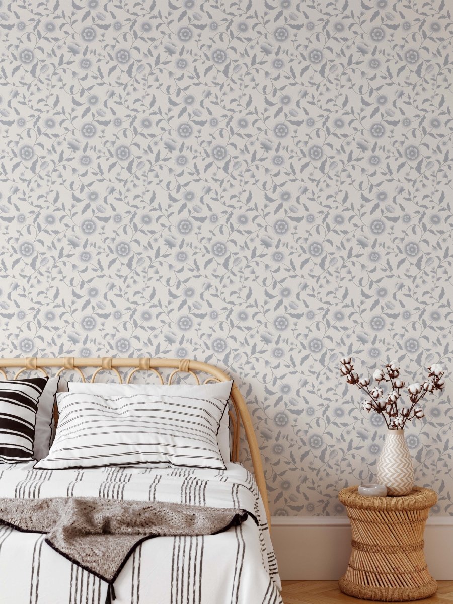 'Maiden's Garden' - Blue Grey and White Vintage Floral Removable Wallpaper - I Heart Wall Art - Poster Print, Canvas Print or Framed Art Print