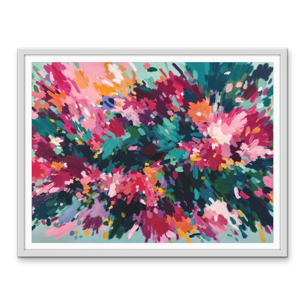 Majestic floral abstract stretched canvas print with bold pink magenta teal and orange splashes on mint background in white frame