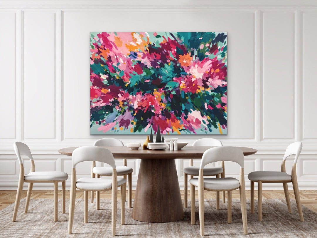 Majestic floral abstract stretched canvas print with bold pink magenta teal and green brushstrokes on canvas