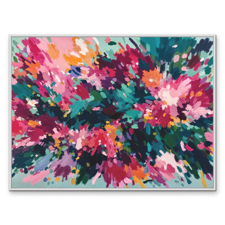 Vibrant Majestic floral abstract stretched canvas print with bold pink teal orange splashes in a sleek white frame