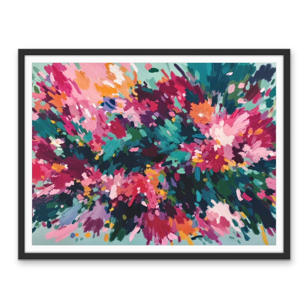 Majestic floral abstract stretched canvas print with bold pink magenta teal and orange on soft mint in black frame