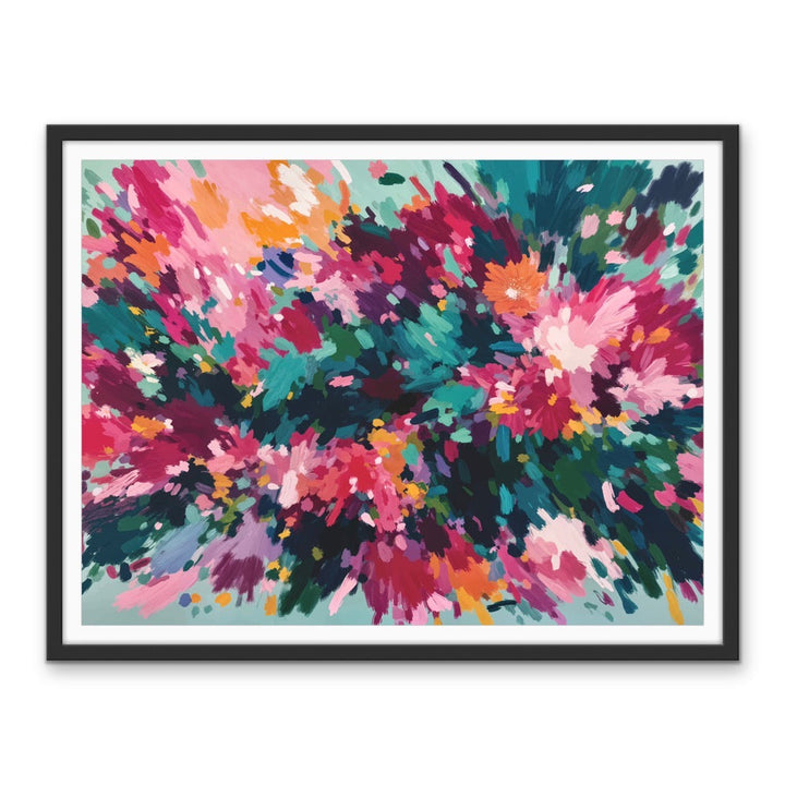 Majestic floral abstract stretched canvas print with bold pink magenta teal and orange on soft mint in black frame
