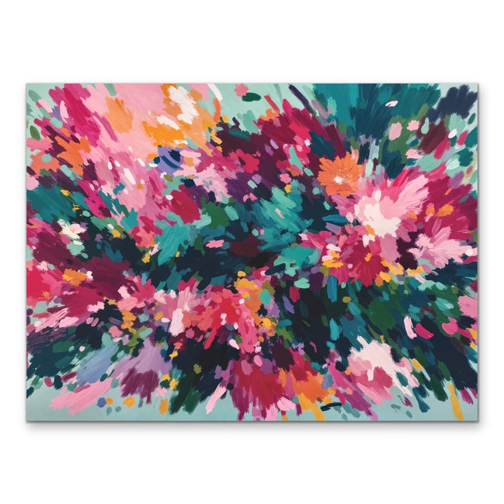 Majestic floral abstract stretched canvas print with vibrant pink magenta teal and orange splashes on mint background