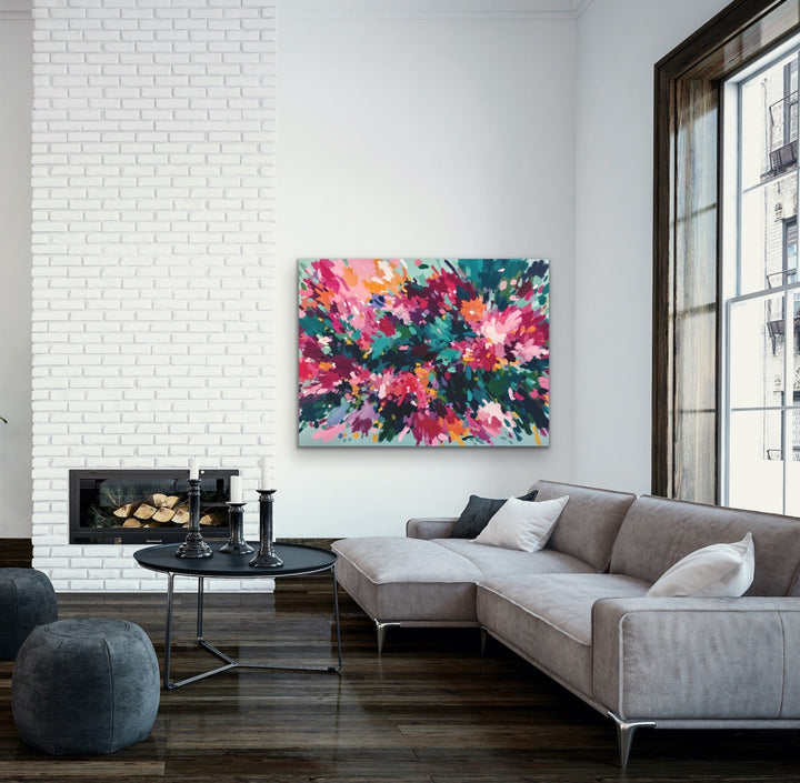 Vibrant abstract stretched canvas print with bold pink teal and orange splashes on light background for wall decor