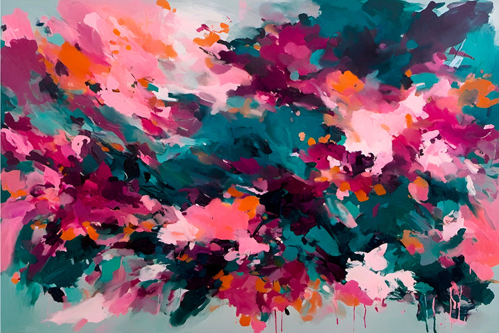 Majestic floral abstract stretched canvas print with vibrant pink magenta teal and orange paint splashes