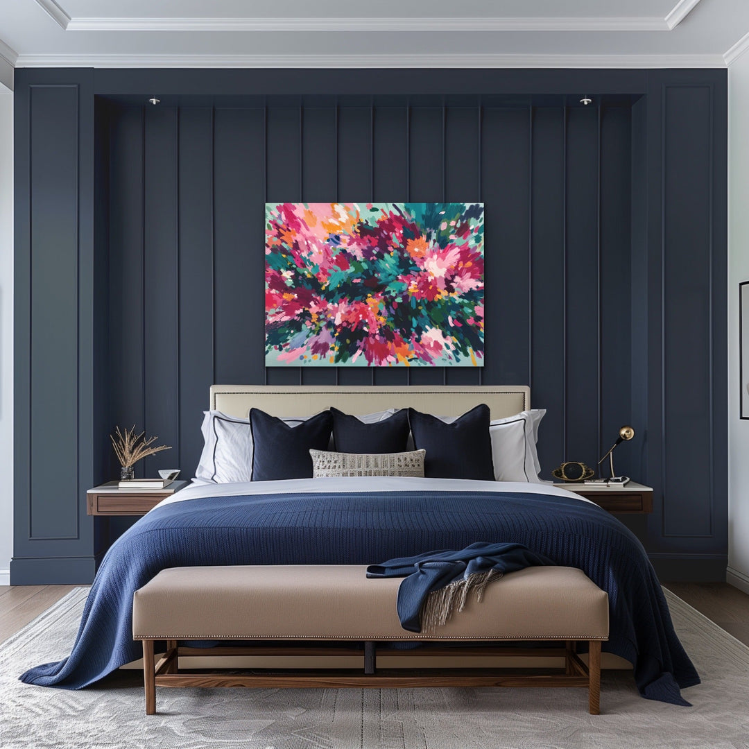 Majestic floral abstract stretched canvas print with vibrant pink magenta teal and white on a square canvas