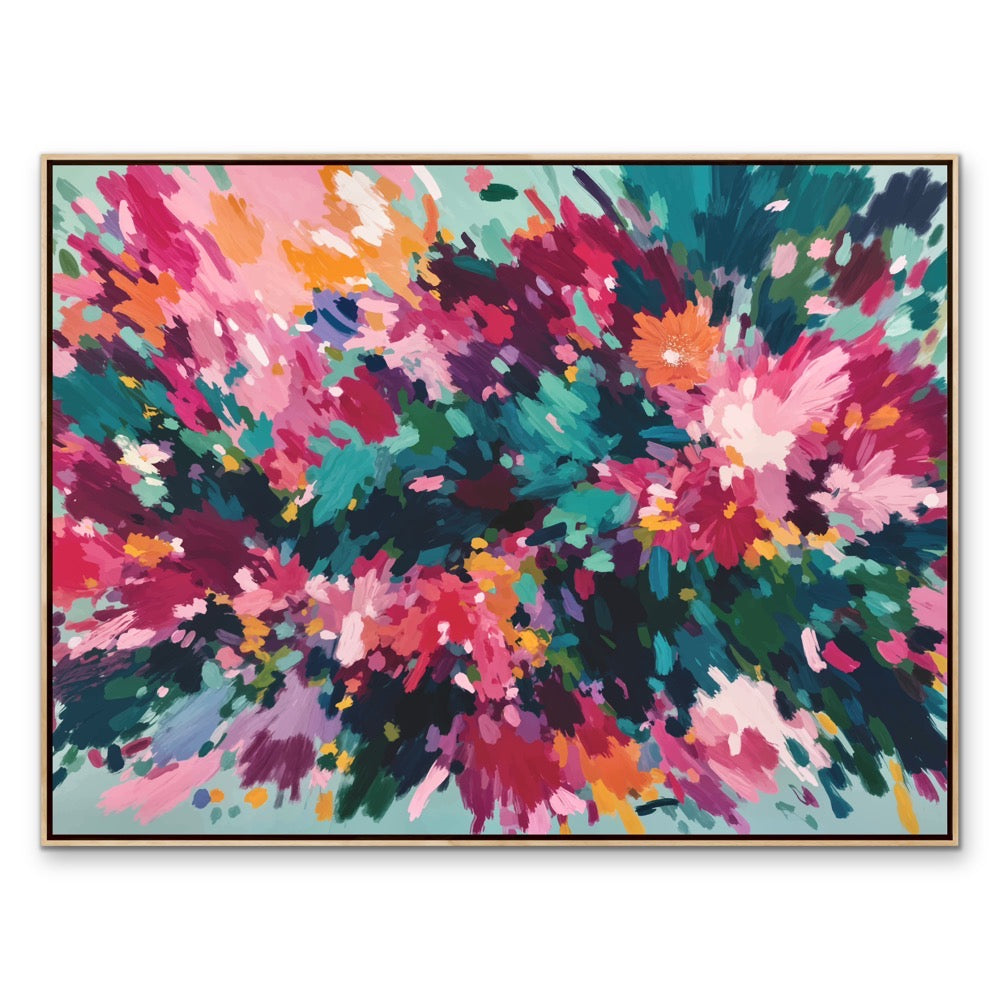 Vibrant abstract floral painting in a sleek wooden frame with pink magenta teal and orange brushstrokes on canvas print