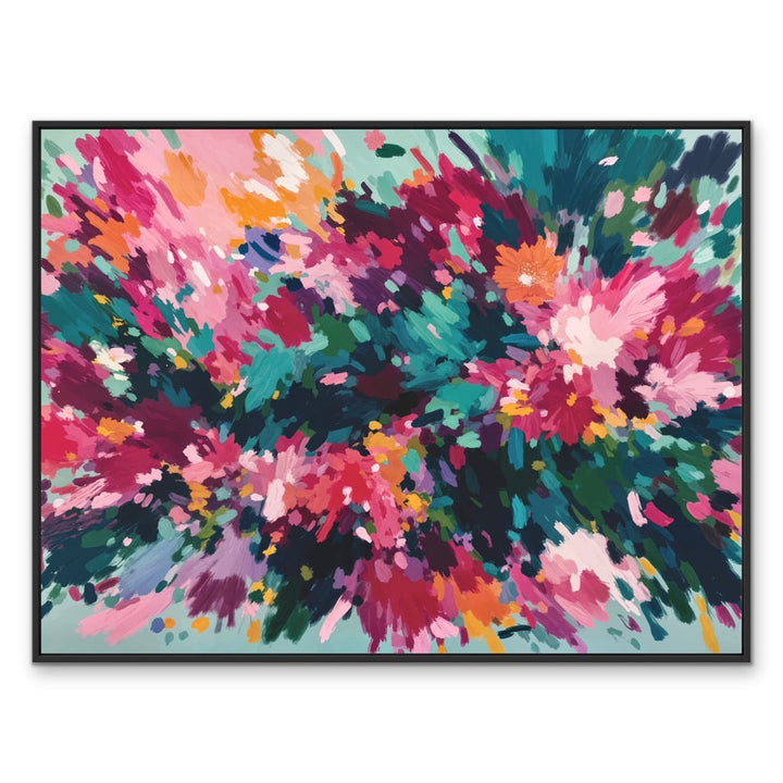 Majestic floral abstract stretched canvas print with vibrant pink magenta teal and orange on a mint background in black frame