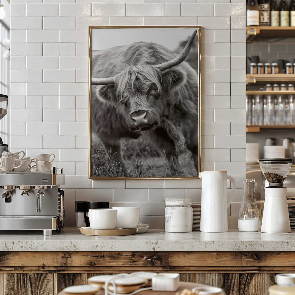 Majestic Highland Cow - Floral Photographic Stretched Canvas Poster or Fine Art Print