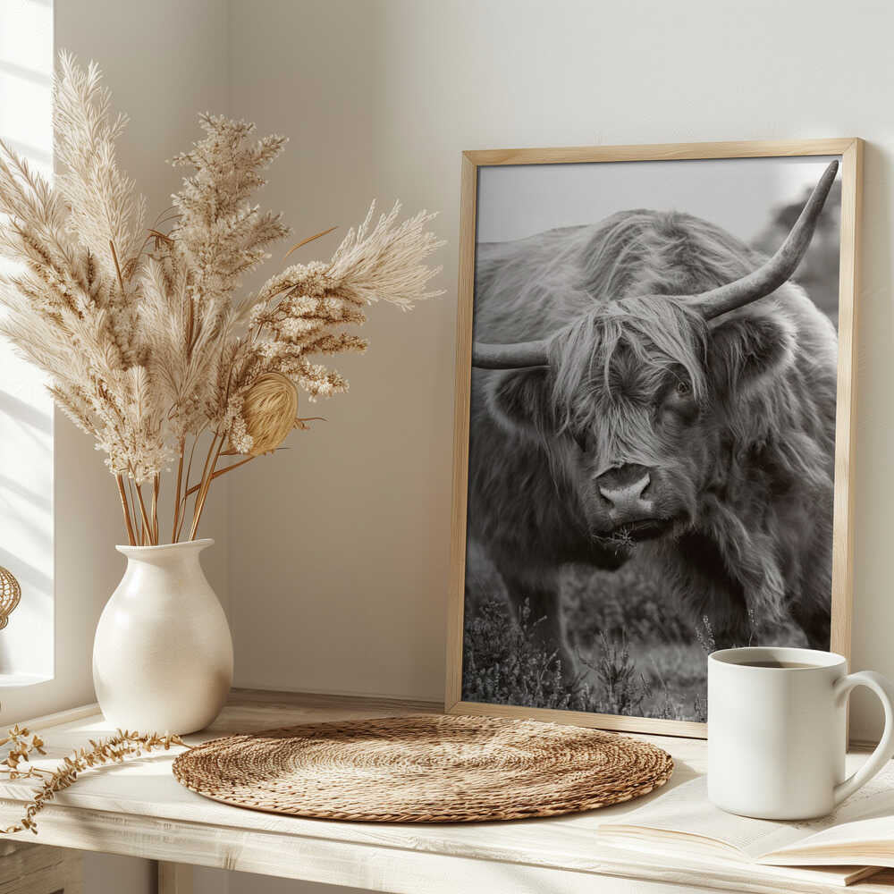 Majestic Highland Cow - Floral Photographic Stretched Canvas Poster or Fine Art Print
