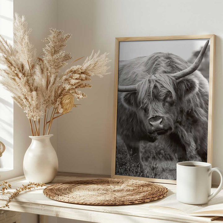Majestic Highland Cow - Floral Photographic Stretched Canvas Poster or Fine Art Print