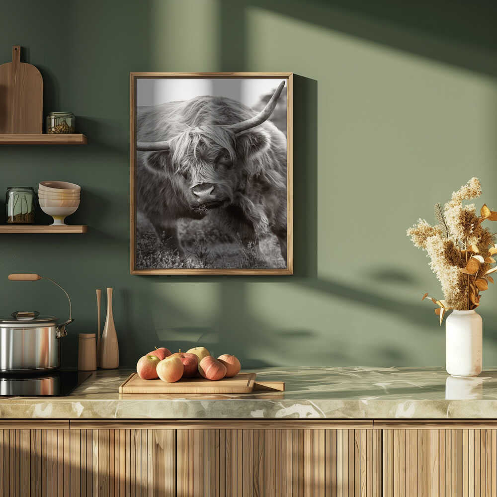 Majestic Highland Cow - Floral Photographic Stretched Canvas Poster or Fine Art Print