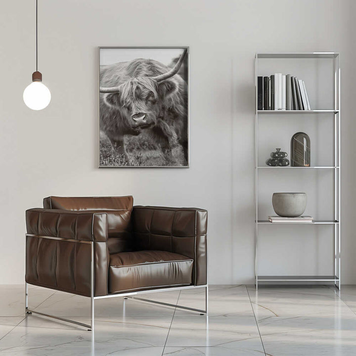 Majestic Highland Cow - Floral Photographic Stretched Canvas Poster or Fine Art Print
