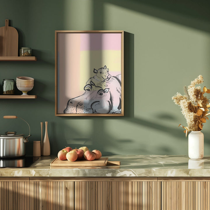 Mama hippo and baby - Stretched Canvas, Poster or Fine Art Print I Heart Wall Art