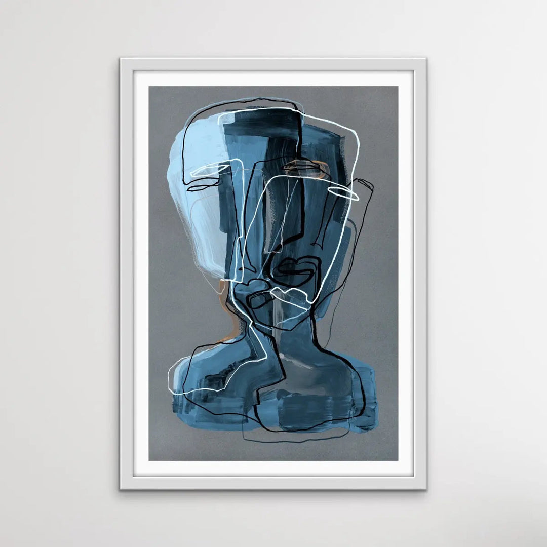 Many Faced in Blue - Colourful Line Drawing Illustration by Natalia Brovchenko Available as a Canvas or Paper Print I Heart Wall Art Australia 