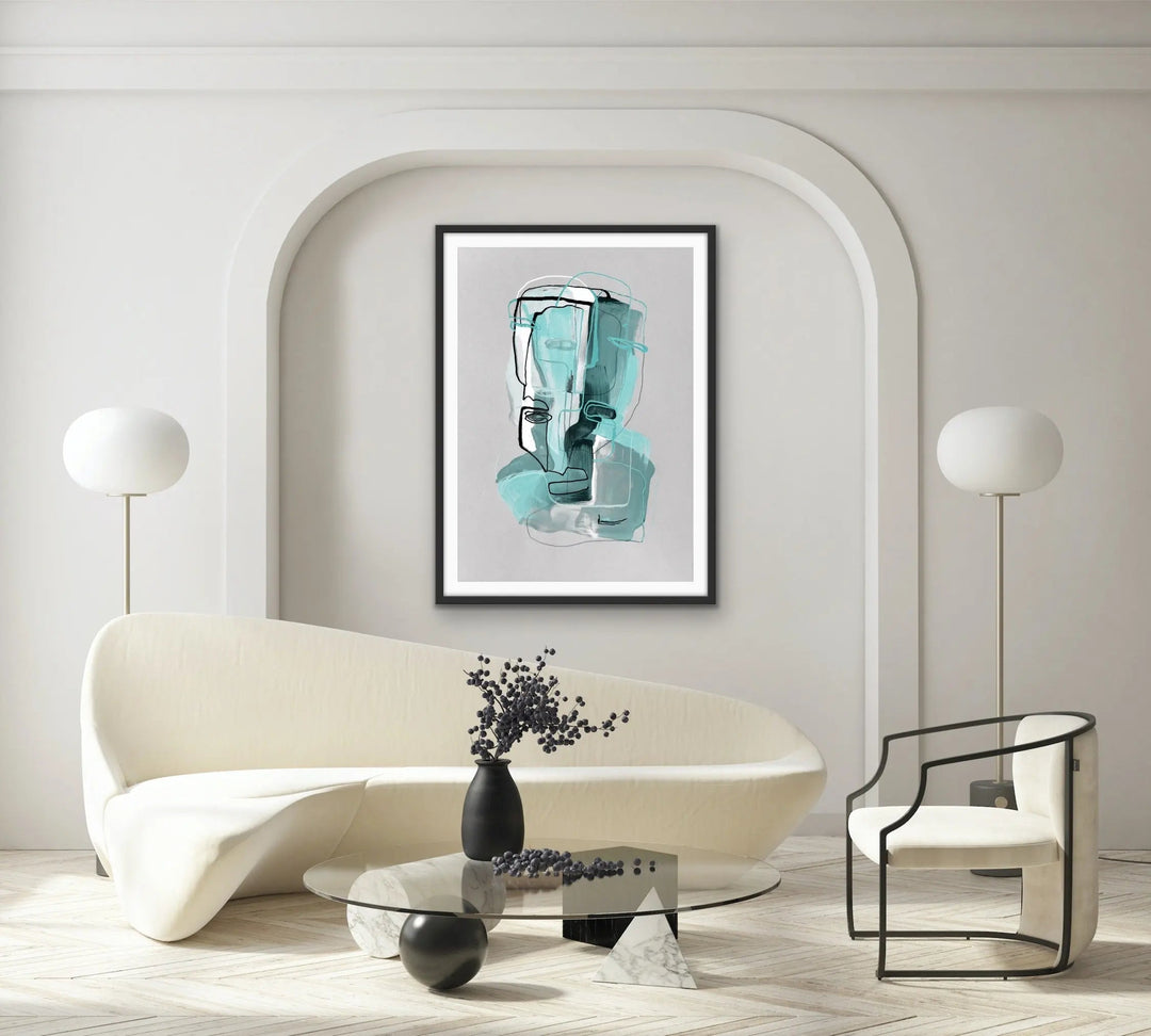 Many Faced in Turquoise - Colourful Line Drawing Illustration by Natalia Brovchenko Available as a Canvas or Paper Print I Heart Wall Art Australia 