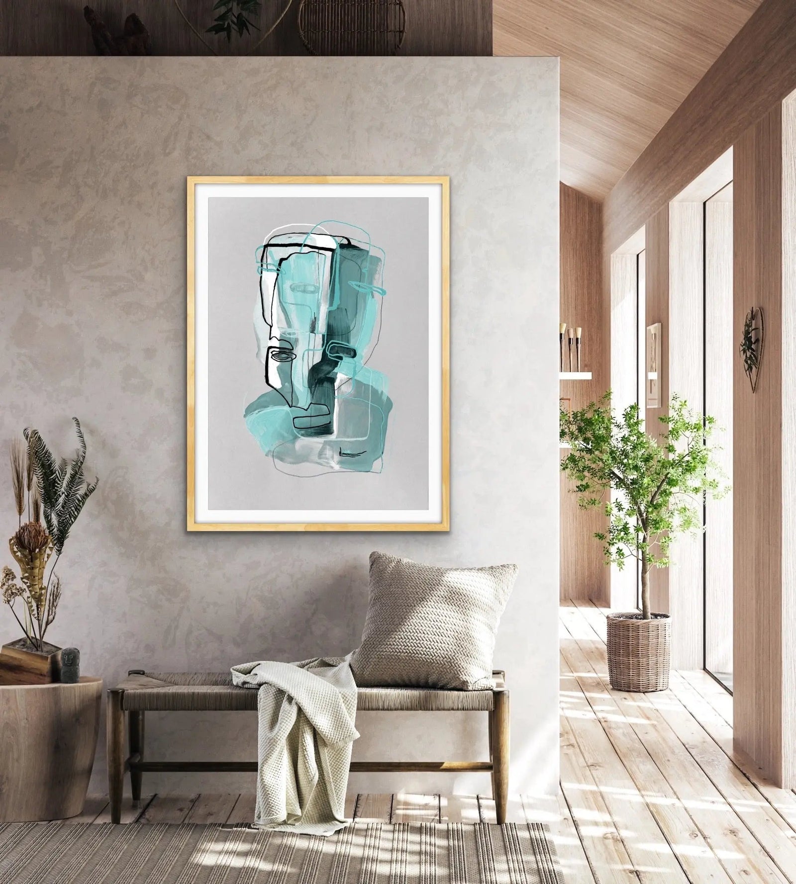 Many Faced in Turquoise - Colourful Line Drawing Illustration by Natalia Brovchenko Available as a Canvas or Paper Print I Heart Wall Art Australia 