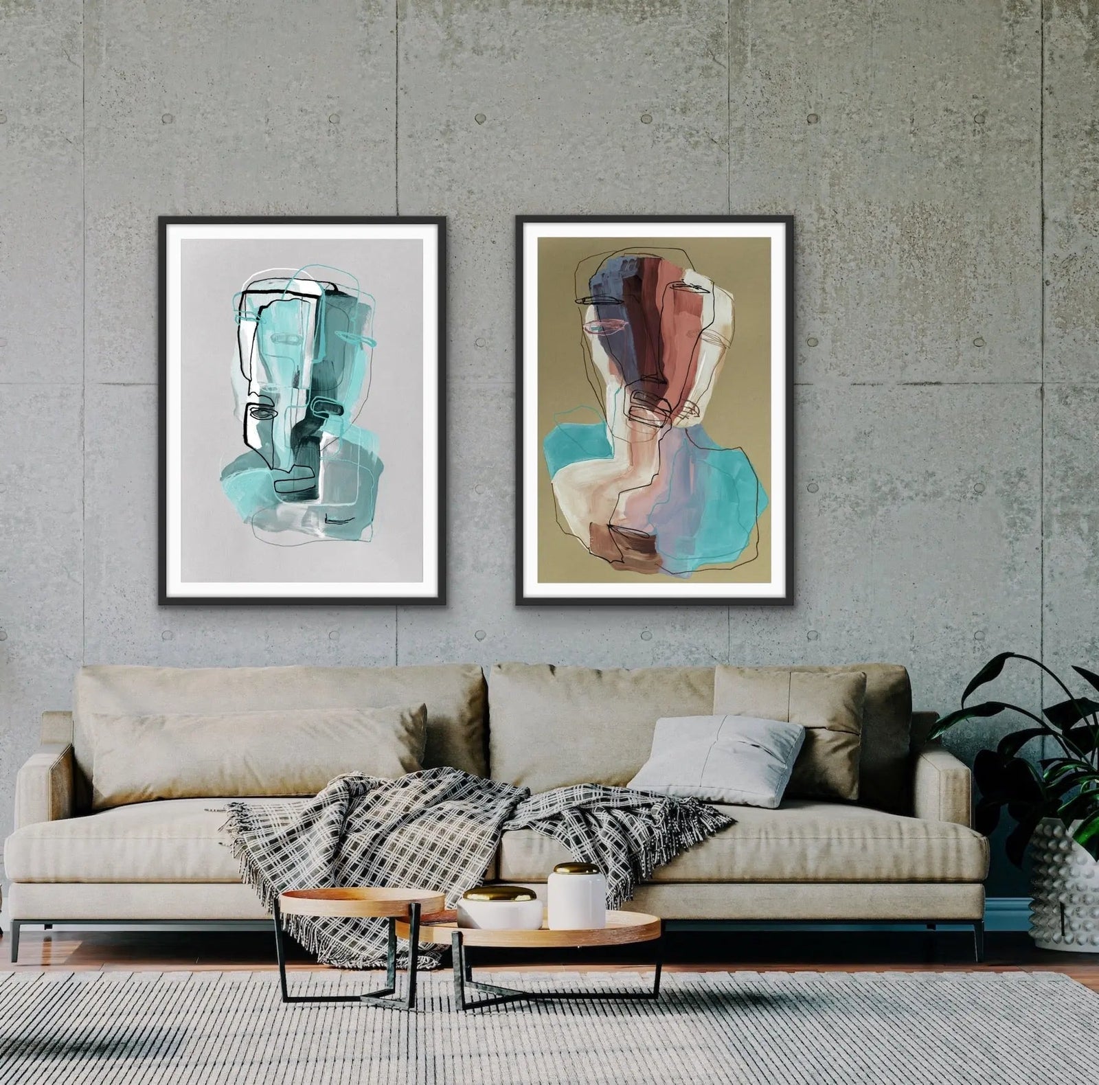 Many Faced - Two Piece Portrait Line Drawing Set by Ukrainian Artist Natalia Brovchenko I Heart Wall Art Australia 