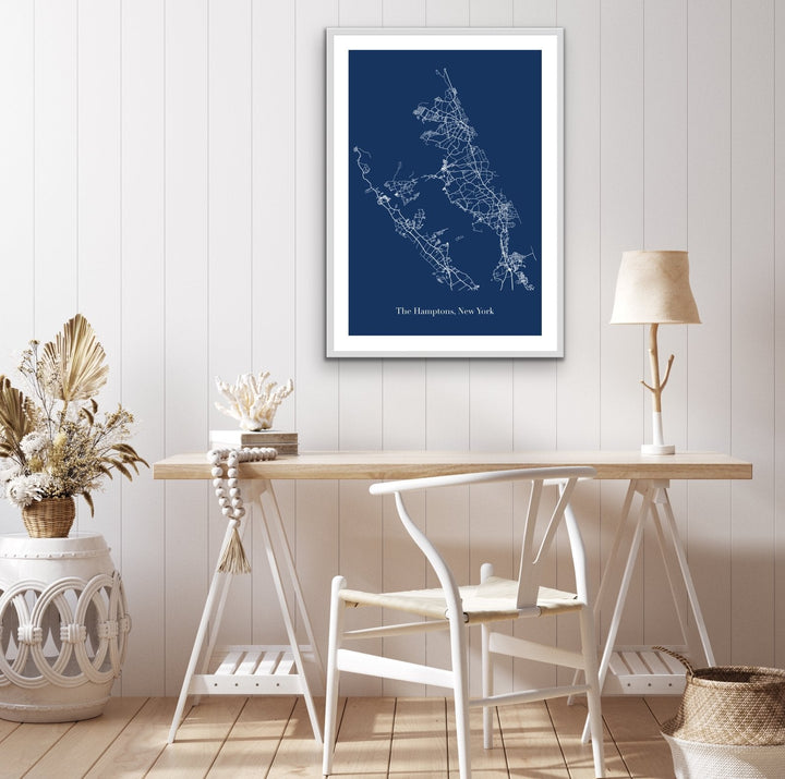 Map Of The Hamptons - Blue and White Map of Hamptons New York Art Print - I Heart Wall Art