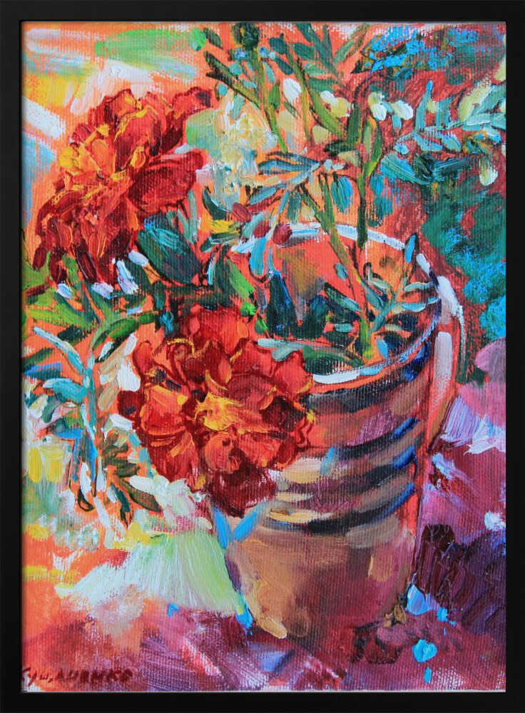 Marigolds in a cup - Stretched Canvas, Poster or Fine Art Print - I Heart Wall Art - Poster Print, Canvas Print or Framed Art Print