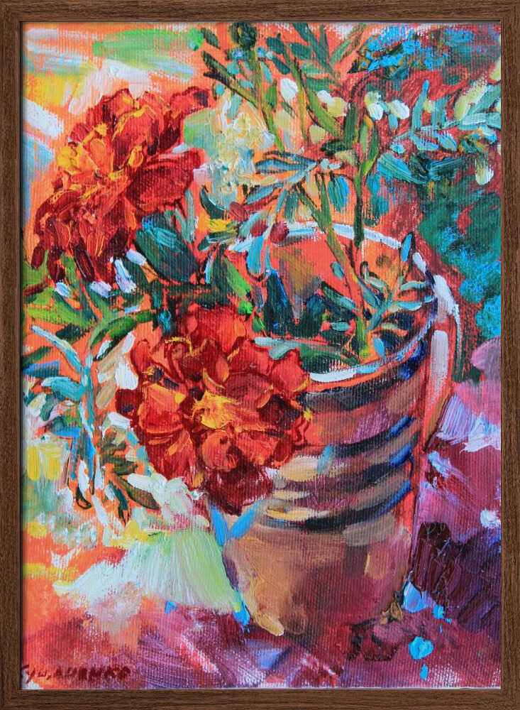 Marigolds in a cup - Stretched Canvas, Poster or Fine Art Print - I Heart Wall Art - Poster Print, Canvas Print or Framed Art Print