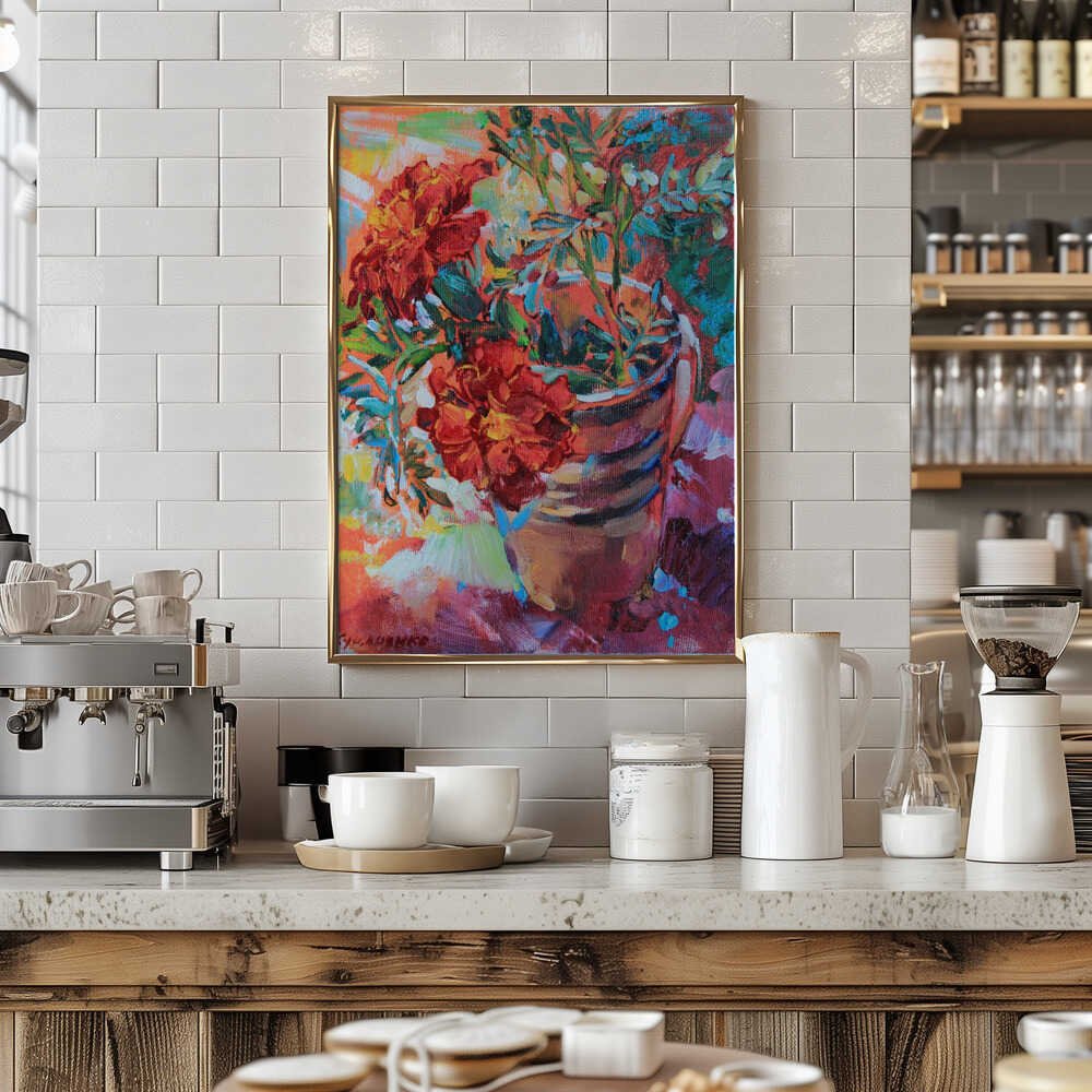 Marigolds in a cup - Stretched Canvas, Poster or Fine Art Print - I Heart Wall Art - Poster Print, Canvas Print or Framed Art Print