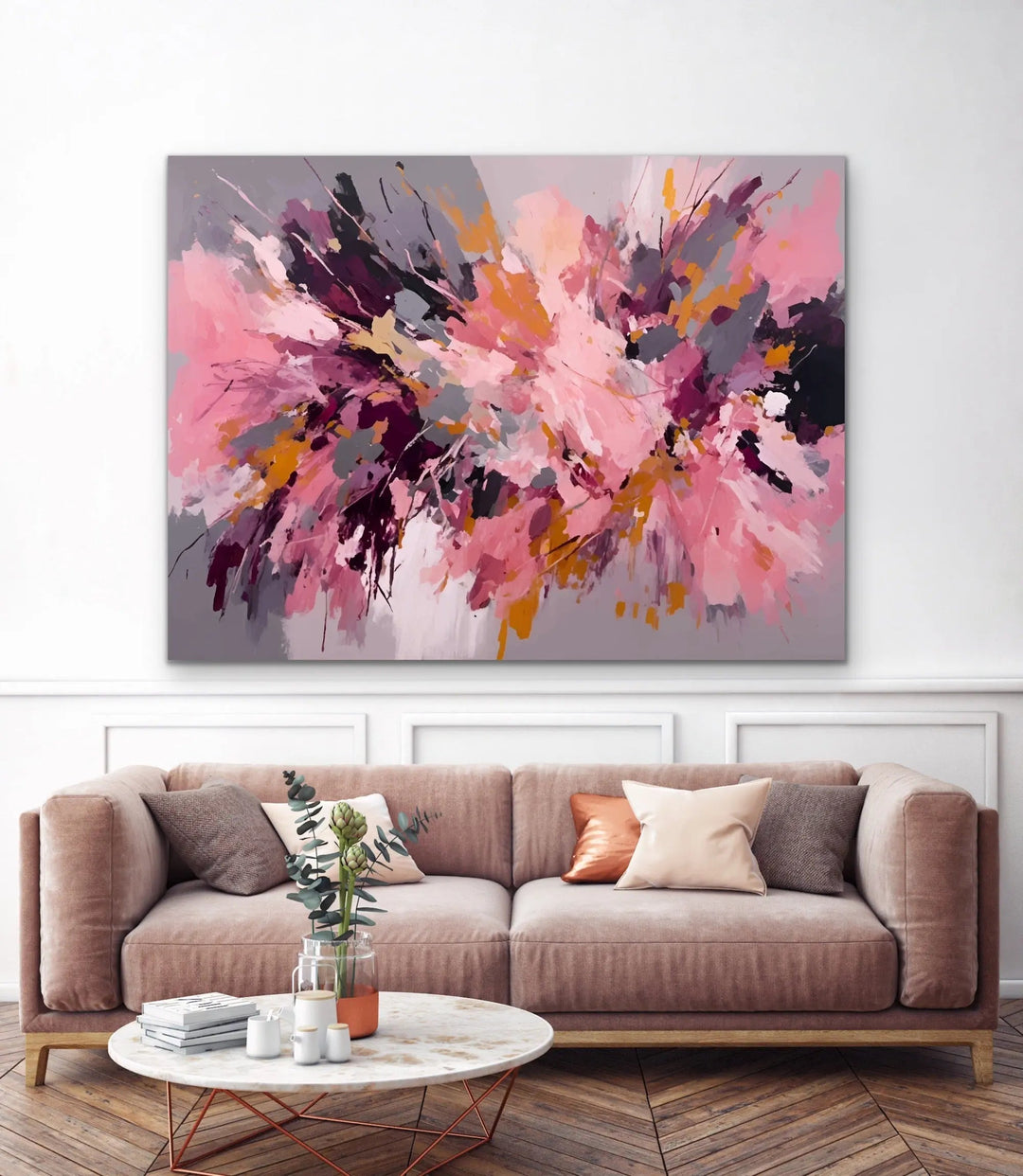 Marrakesh- Pink and Gold Abstract Floral Stretched Canvas Print or Framed Fine Art Print - Artwork - I Heart Wall Art
