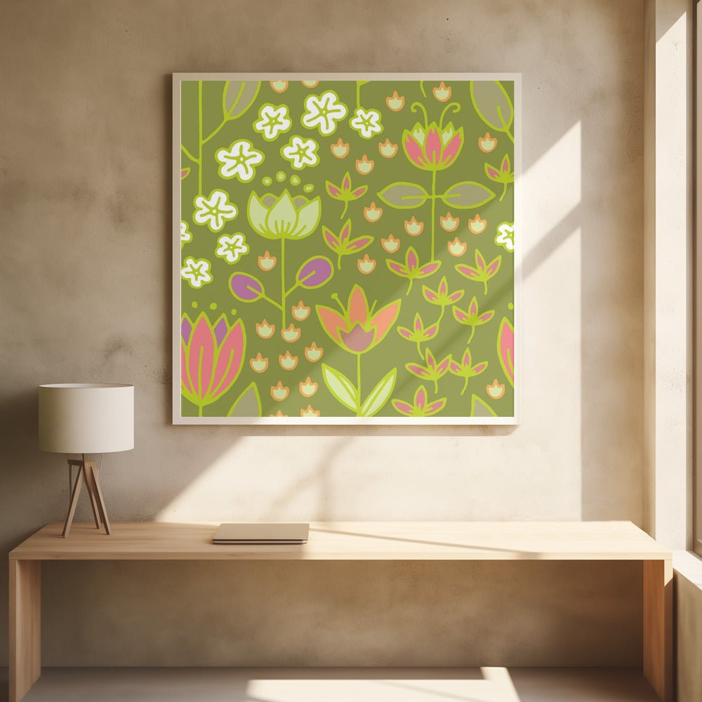Meadow Flower Pattern Green - Stretched Canvas, Poster or Fine Art Print - I Heart Wall Art - Poster Print, Canvas Print or Framed Art Print