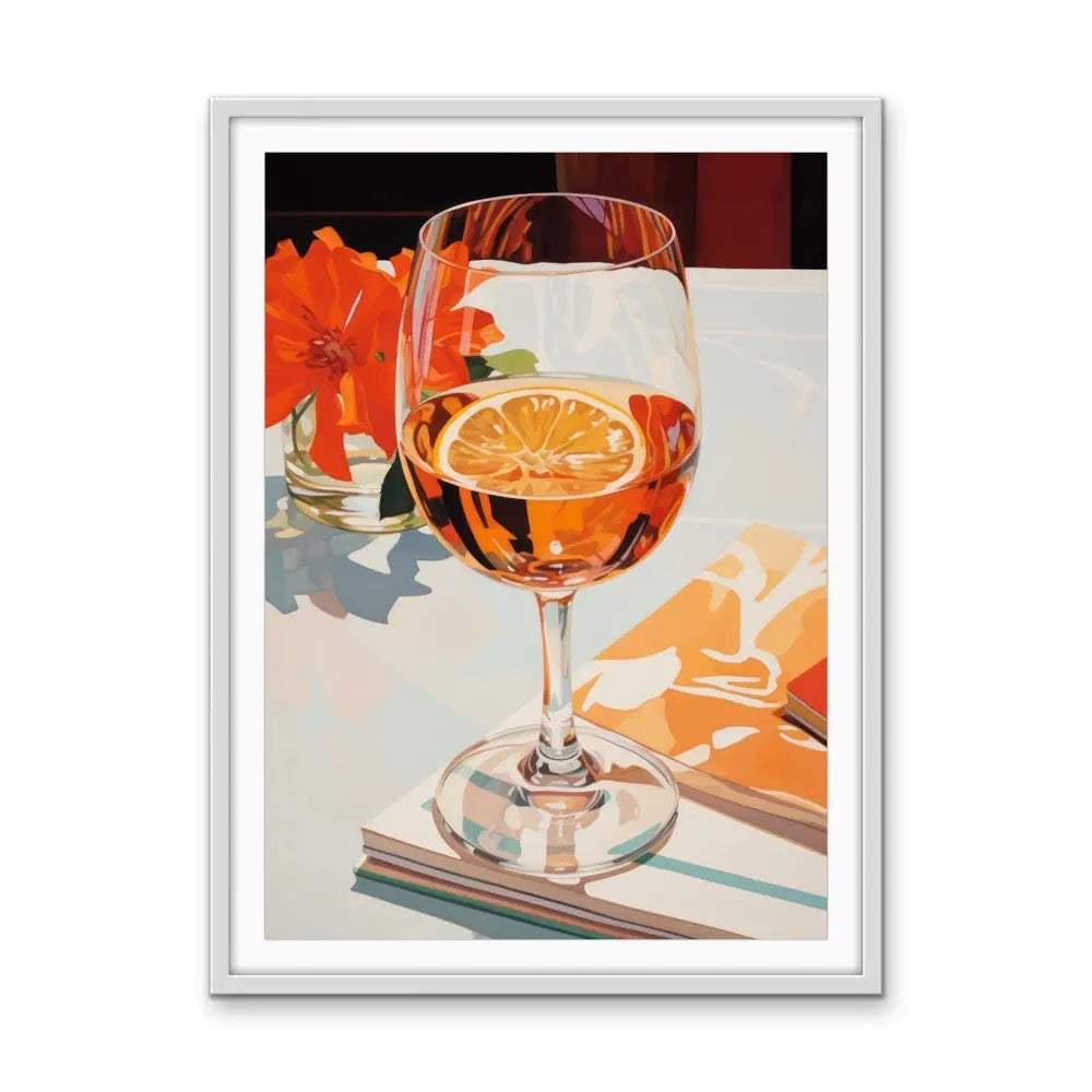 A vibrant orange wine glass with a lemon slice floating in the liquid in meet me for lunch still life artwork