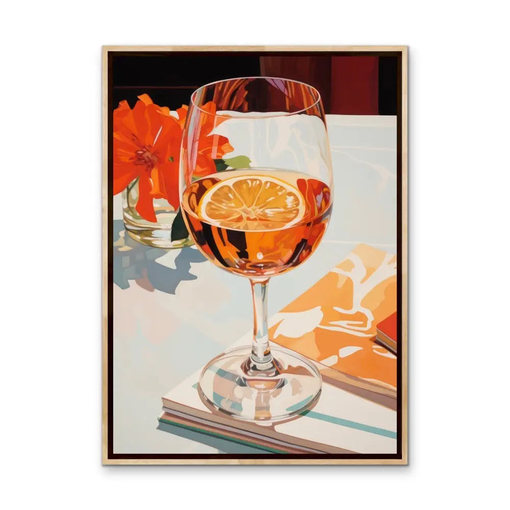 A vibrant red and orange still life painting features a clear stemmed wine glass with amber liquid and an orange slice