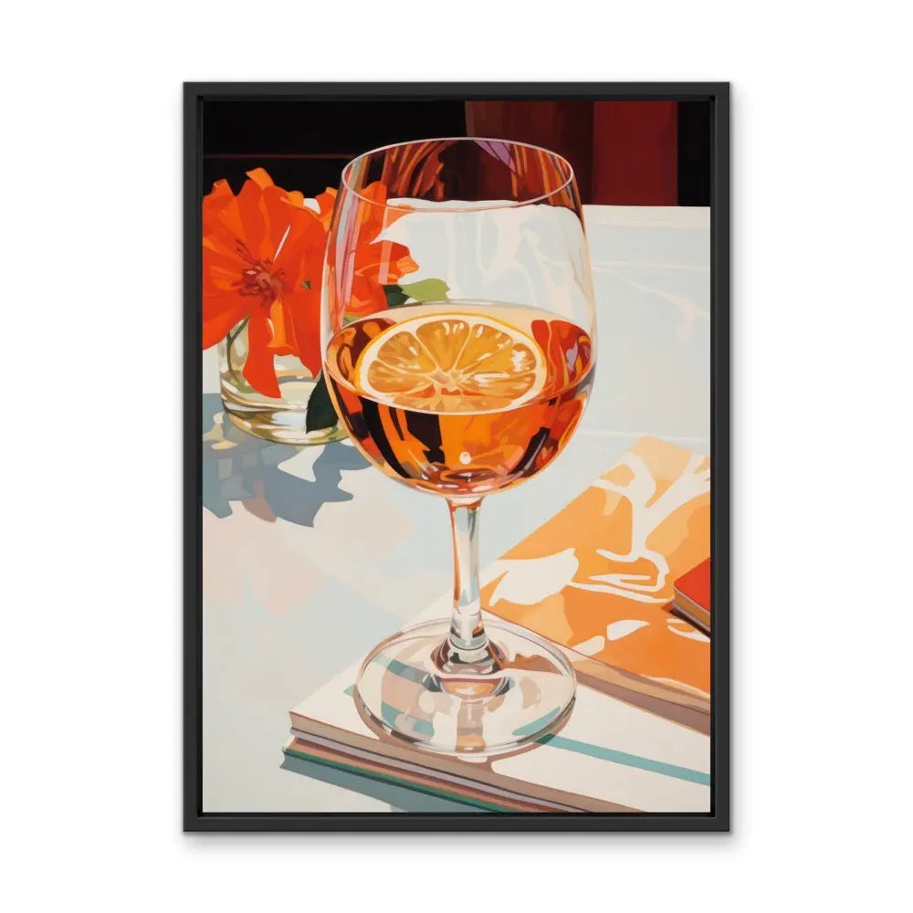 A vibrant painting titled meet me for lunch featuring a clear wine glass with amber liquid and an orange slice