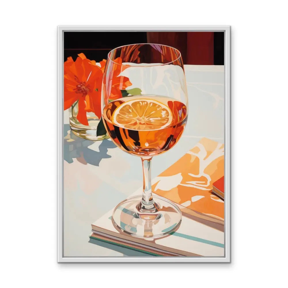 A vibrant still life painting titled Meet Me For Lunch featuring a clear wine glass with amber drink and orange slice