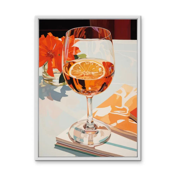 A vibrant still life painting titled Meet Me For Lunch featuring a clear wine glass with amber drink and orange slice