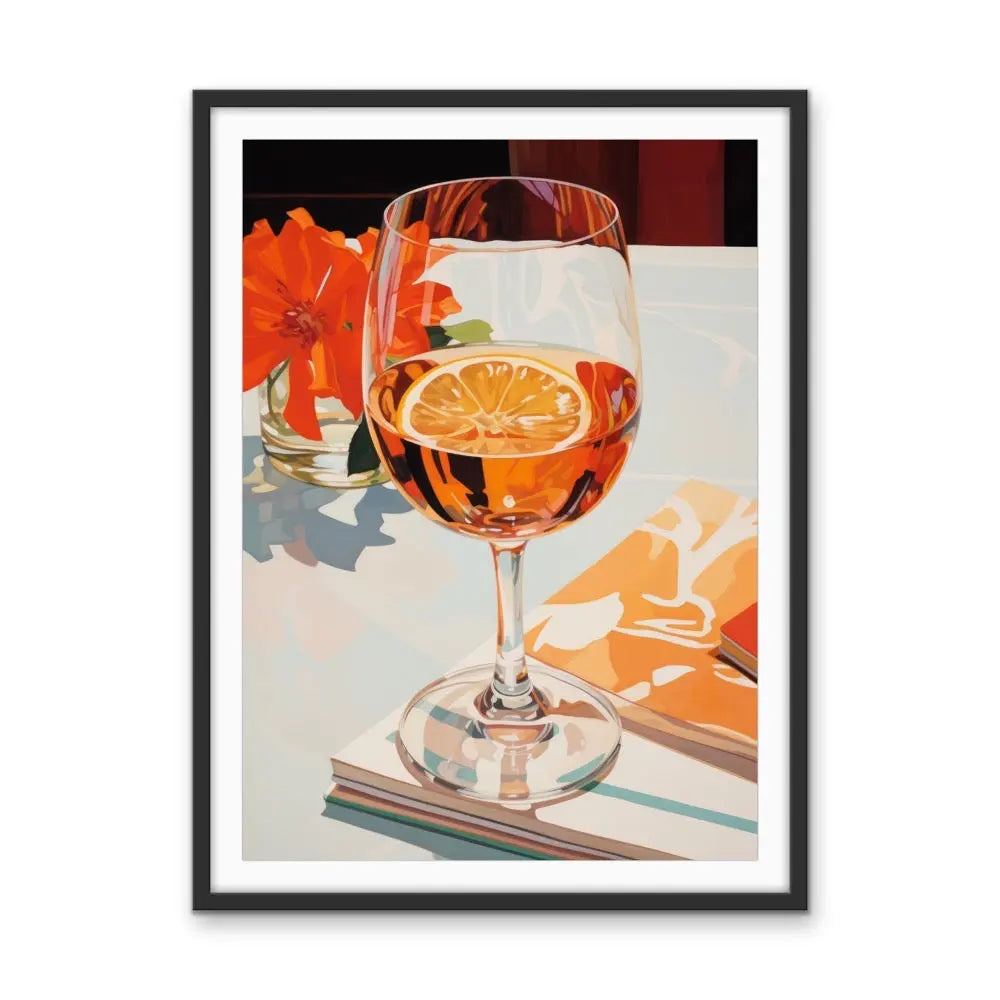 Meet me for lunch red and orange still life artwork featuring a vibrant orange wine glass with lemon slice and floral backdrop