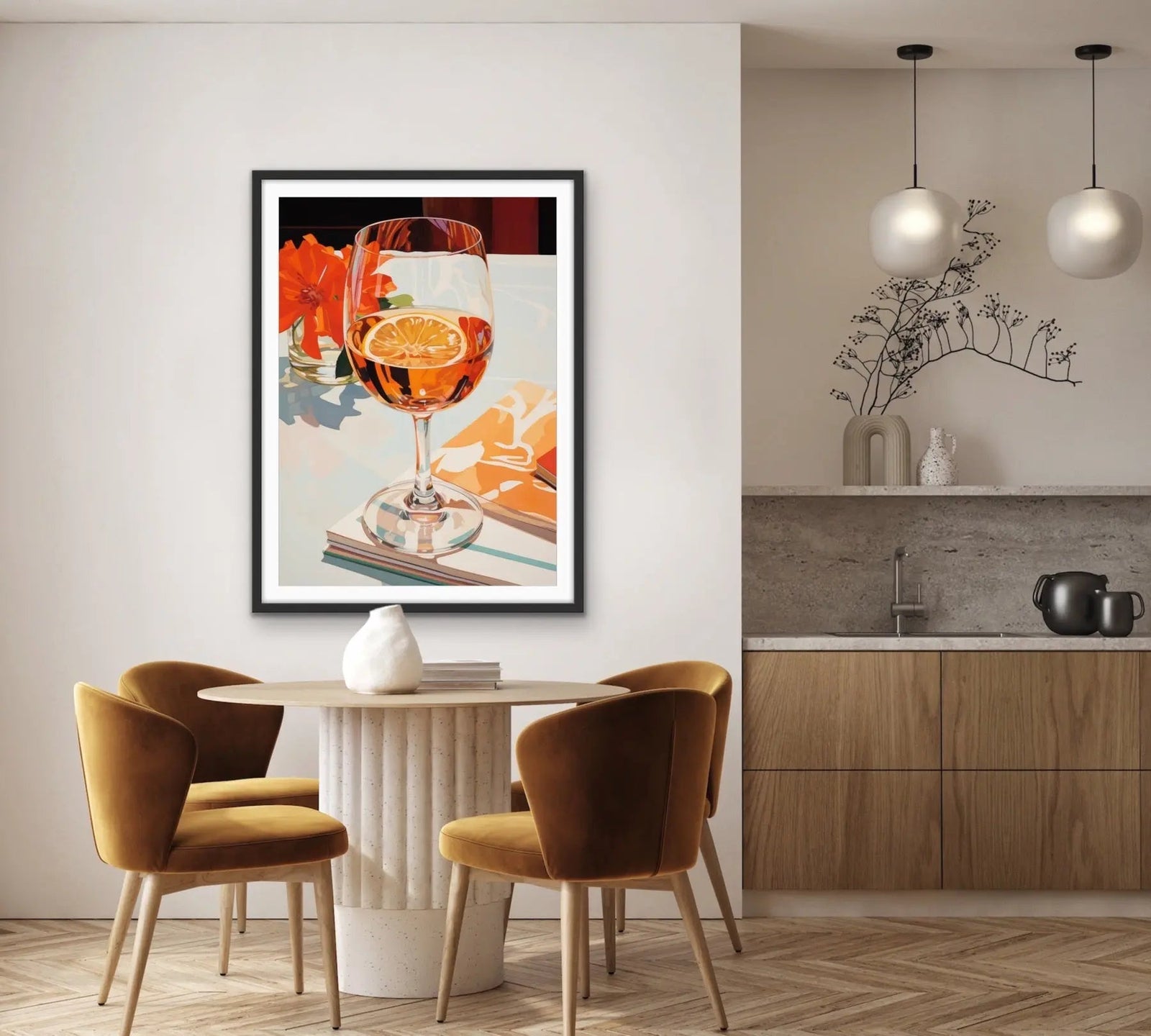 Meet me for lunch framed artwork featuring a glass of orange beverage with citrus slice and vibrant floral background