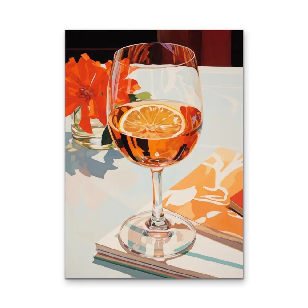 A clear stemmed wine glass filled with rosé wine and a slice of orange in meet me for lunch red and orange still life artwork
