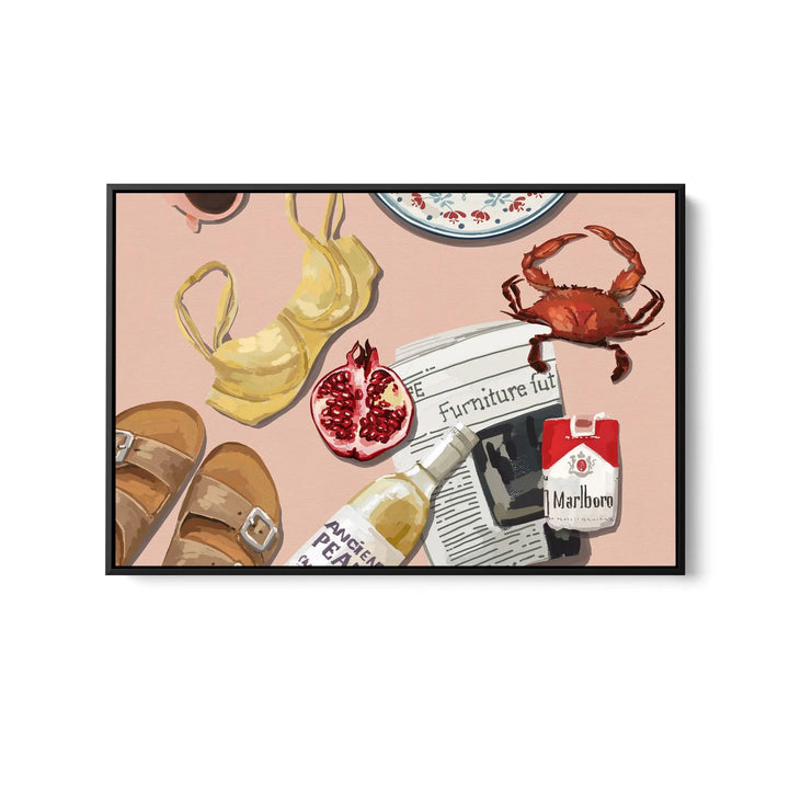 Mess on the Beach - Contemporary Still Art Featuring Seafood and Beer- Stretched Canvas Print or Framed Fine Art Print - Artwork I Heart Wall Art Australia 