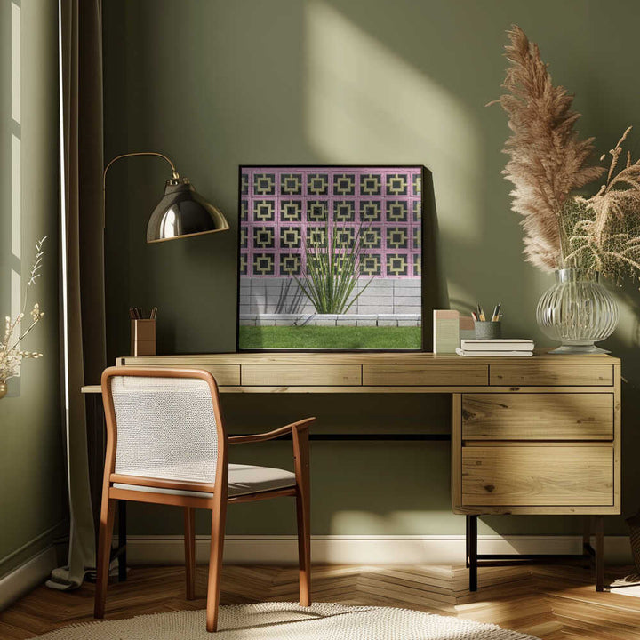 Mid - Century Breeze Block Wall with Cactus in Palm Springs, California - Square Stretched Canvas, Poster or Fine Art Print - I Heart Wall Art - Poster Print, Canvas Print or Framed Art Print
