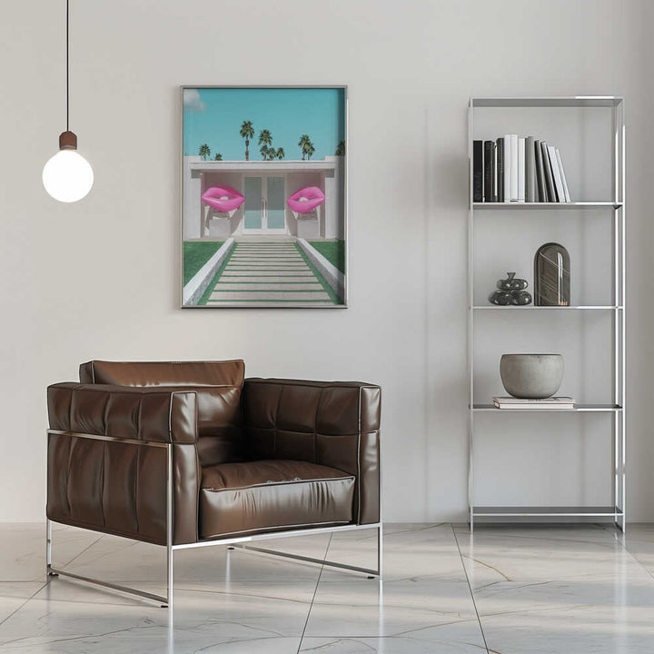 Mid - Century Modern House with Pink Lips - Stretched Canvas, Poster or Fine Art Print - I Heart Wall Art - Poster Print, Canvas Print or Framed Art Print