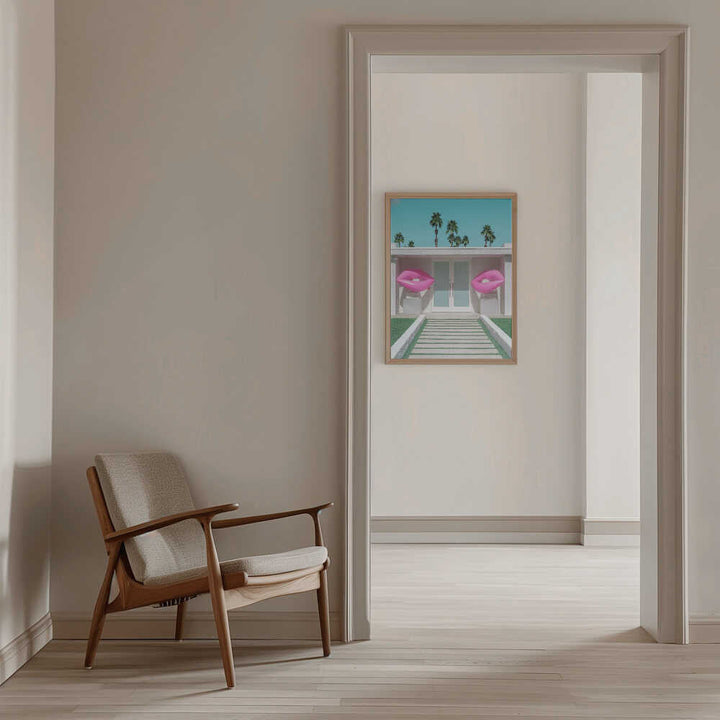 Mid - Century Modern House with Pink Lips - Stretched Canvas, Poster or Fine Art Print - I Heart Wall Art - Poster Print, Canvas Print or Framed Art Print
