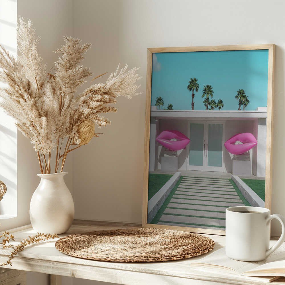 Mid - Century Modern House with Pink Lips - Stretched Canvas, Poster or Fine Art Print - I Heart Wall Art - Poster Print, Canvas Print or Framed Art Print