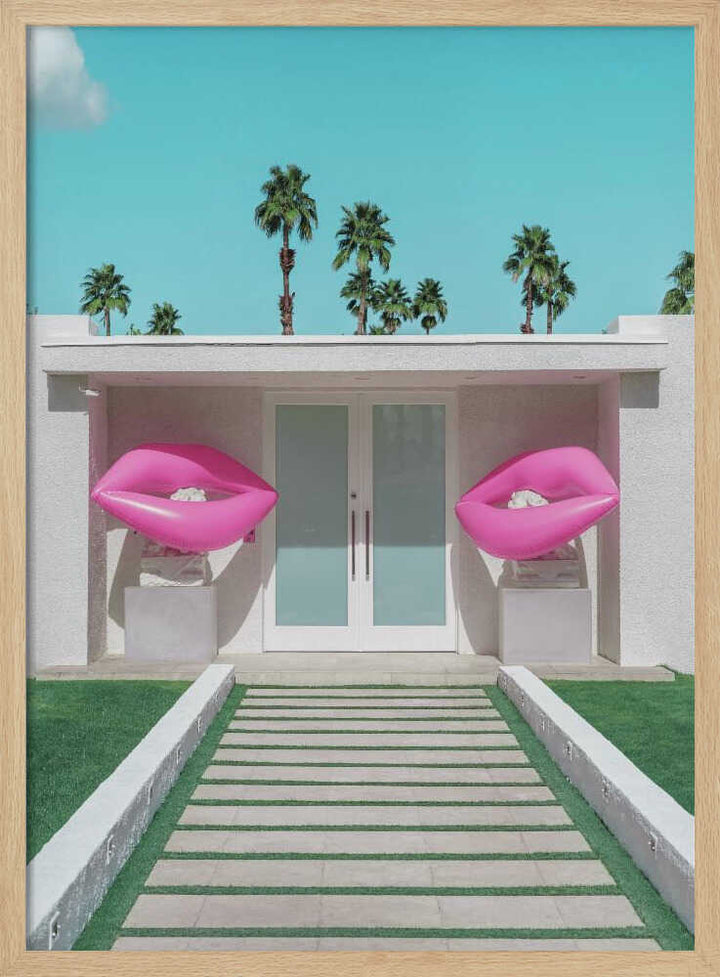 Mid - Century Modern House with Pink Lips - Stretched Canvas, Poster or Fine Art Print - I Heart Wall Art - Poster Print, Canvas Print or Framed Art Print